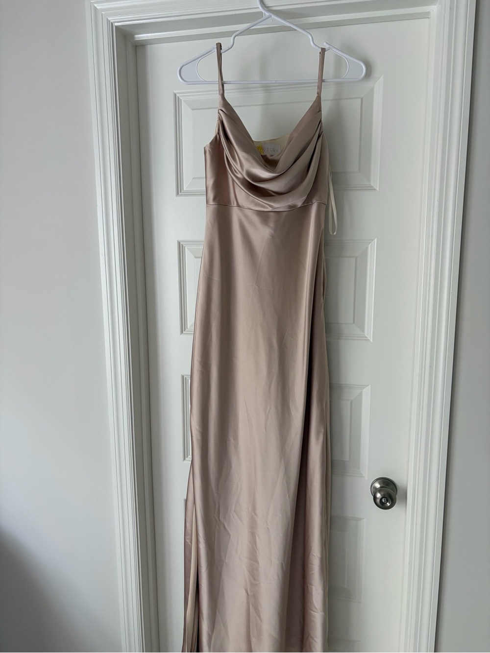 Revelry Satin Cowl Neck Maxi Dress in Blush Taupe